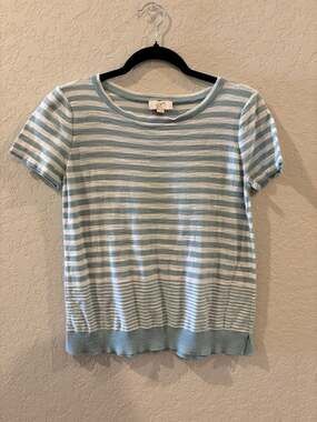 LOFT Outlet Blue and White Striped Short Sleeve Knit Sweater
